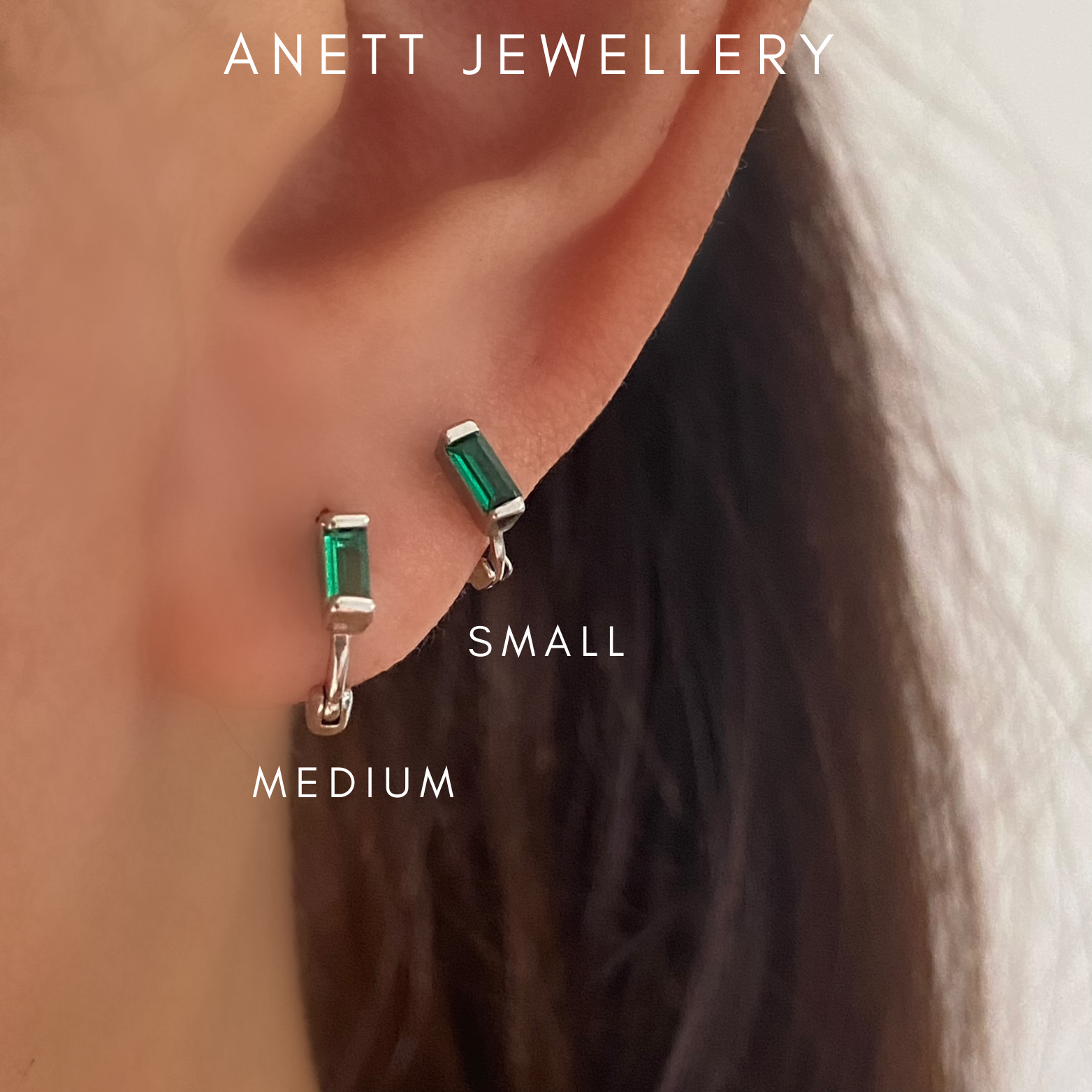 Tiny Emerald Green Baguette Huggie Hoops SILVER