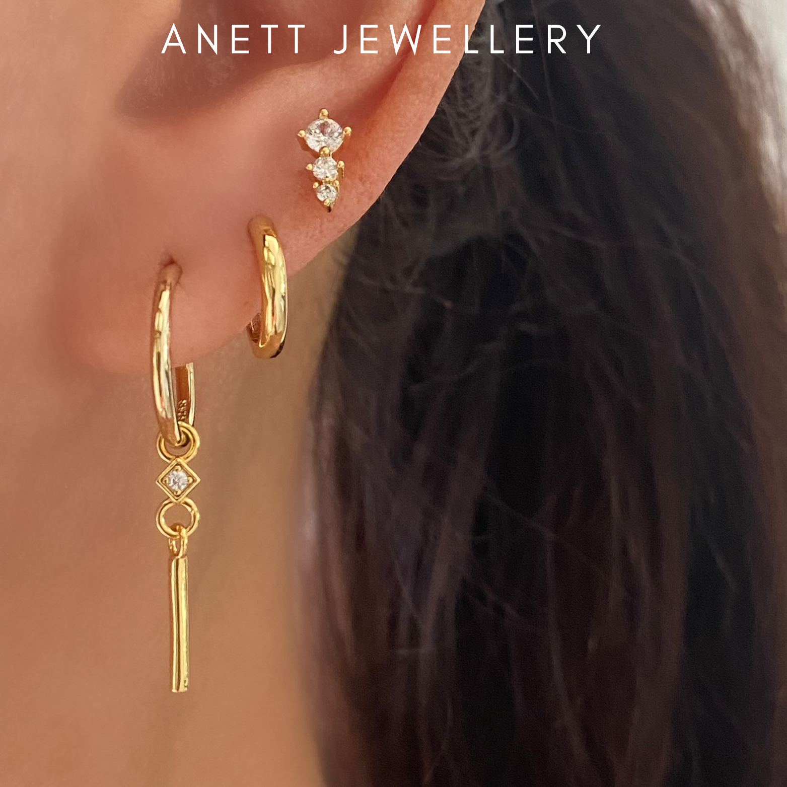 Dangly Ear Stack Set 925 Sterling Silver 18k Gold Plated Gold Huggie