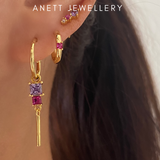 Pink Purple Dangly Hoop Stud Ear Stack 3 pieces Set 925 Sterling Silver Gold