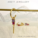 Pink Purple Dangly Hoop Stud Ear Stack 3 pieces Set 925 Sterling Silver Gold 1 Set (3 earrings)