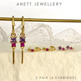 Pink Purple Dangly Hoop Stud Ear Stack 3 pieces Set 925 Sterling Silver Gold 2 Sets (6 earrings)