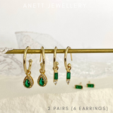 Green Dangly Ear Stack Set, 925 Sterling Silver 3 pieces Gold Earring Set 2 Sets (6 earrings)