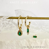Green Dangly Ear Stack Set, 925 Sterling Silver 3 pieces Gold Earring Set 1 Set (3 earrings)