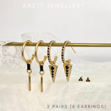 Black Dangly Ear Stack Set, 925 Sterling Silver 3 pieces Gold Earring Set 2 Sets (6 earrings)