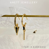 Black Dangly Ear Stack Set, 925 Sterling Silver 3 pieces Gold Earring Set 1 Set (3 earrings)