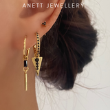 Black Dangly Ear Stack Set, 925 Sterling Silver 3 pieces Gold Earring Set