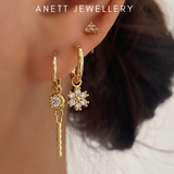 Flower Dangly Ear Stack Set, 925 Sterling Silver 3 pieces Gold Earring Set