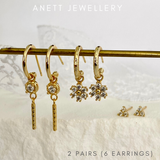Flower Dangly Ear Stack Set, 925 Sterling Silver 3 pieces Gold Earring Set 2 Sets (6 earrings)