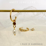 Rice Pearl Dangly ear stack set 925 Sterling Silver Gold 3 pieces set 1 Set (3 earrings)