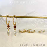 Rice Pearl Dangly ear stack set 925 Sterling Silver Gold 3 pieces set 2 Sets (6 earrings)
