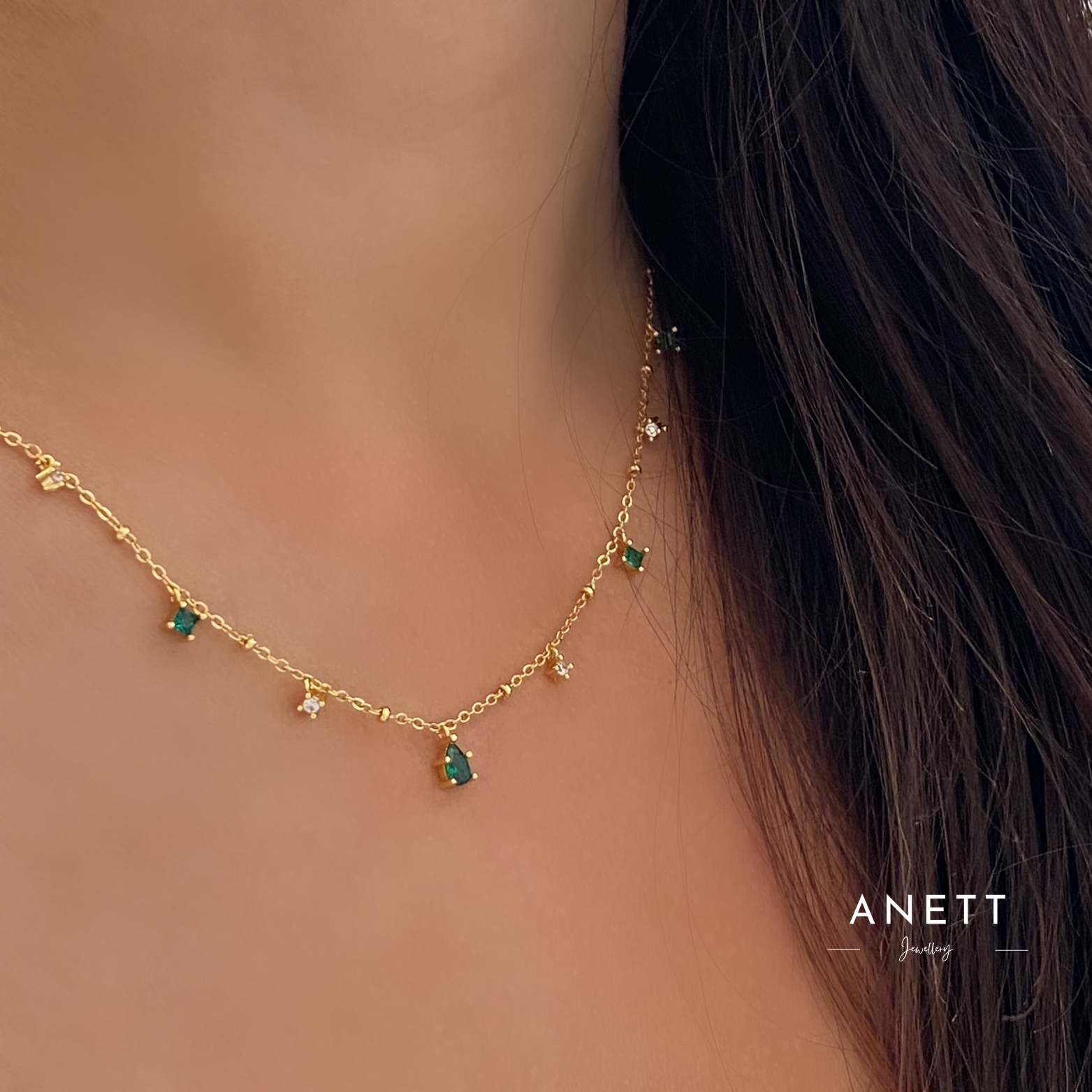 Emerald Green Minimalist Sterling Silver Gold Necklace ANETT