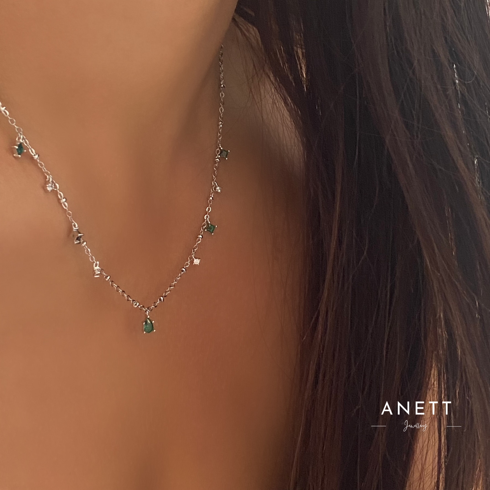 Emerald Green Minimalist Sterling Silver Necklace