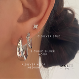 Lucy Teardrop Silver Hoop Earring Stacks A + B + C with a Box