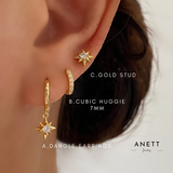 Gold Star Dainty Dangle Earrings A + B + C with a BOX