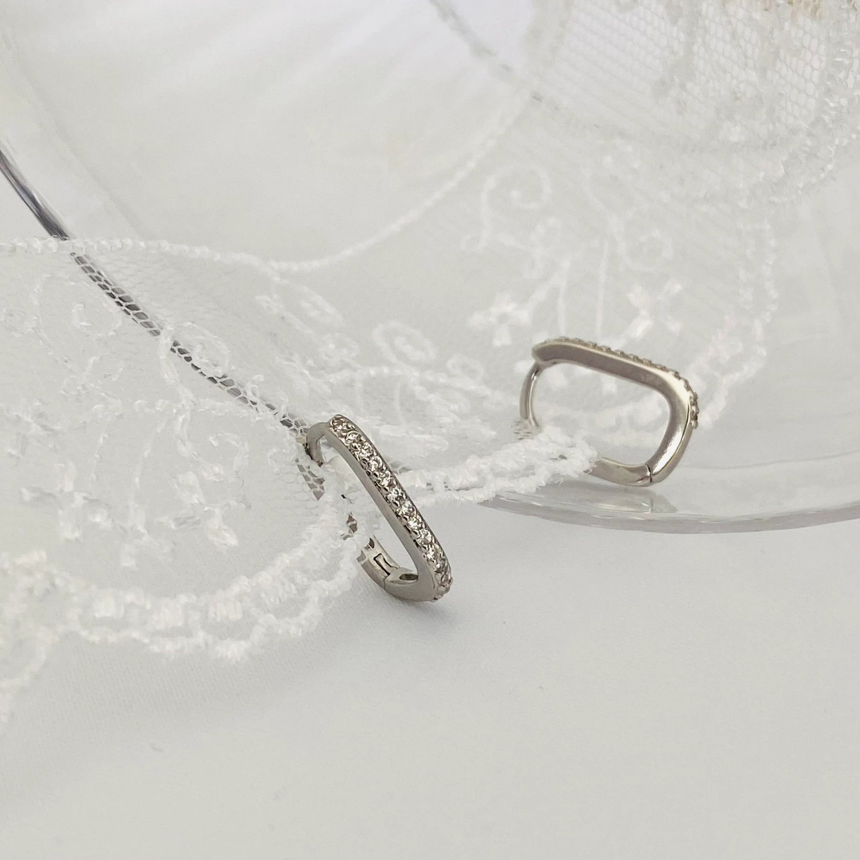 925 Sterling Silver Rectangle Silver Cubic Pave Hoops