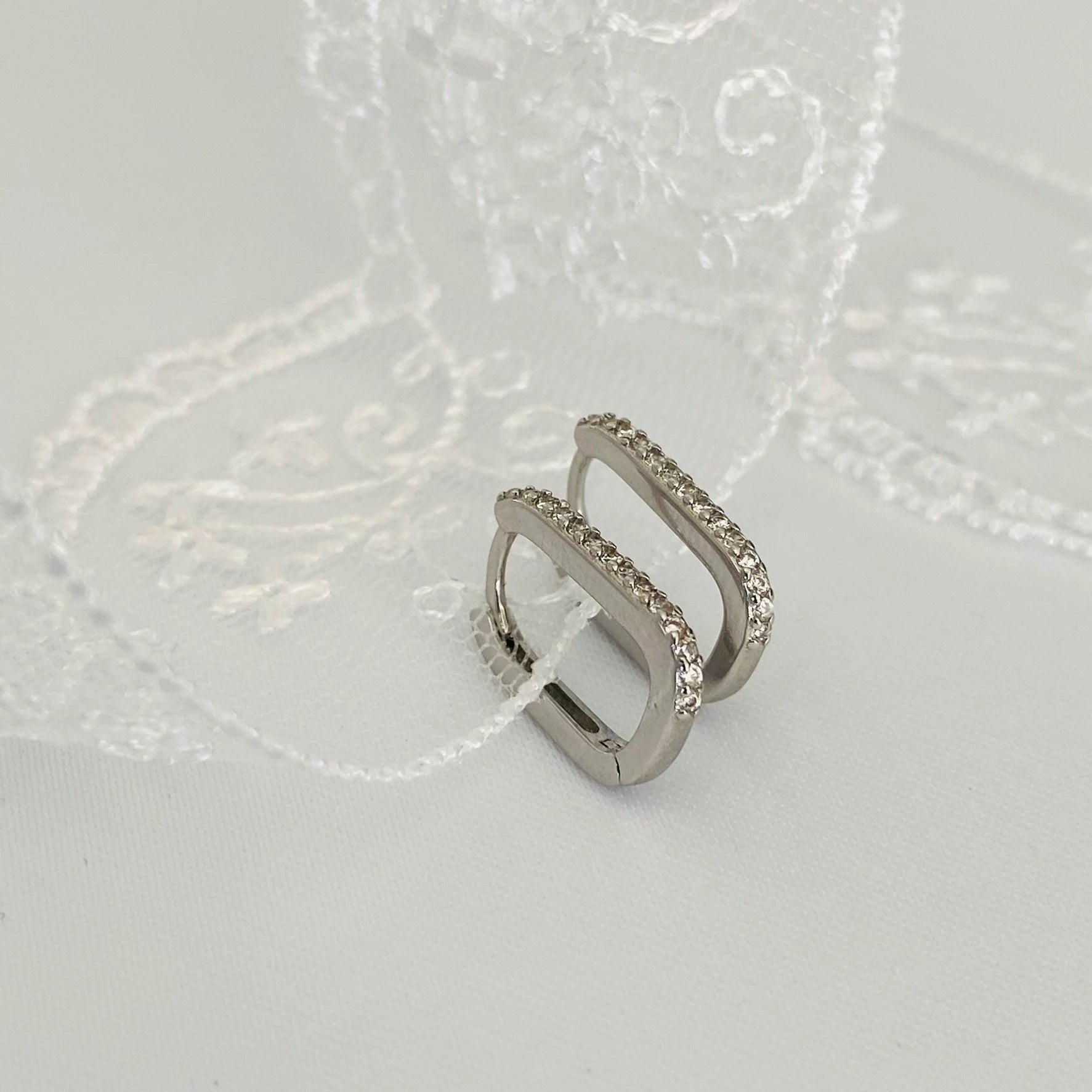 925 Sterling Silver Rectangle Silver Cubic Pave Hoops