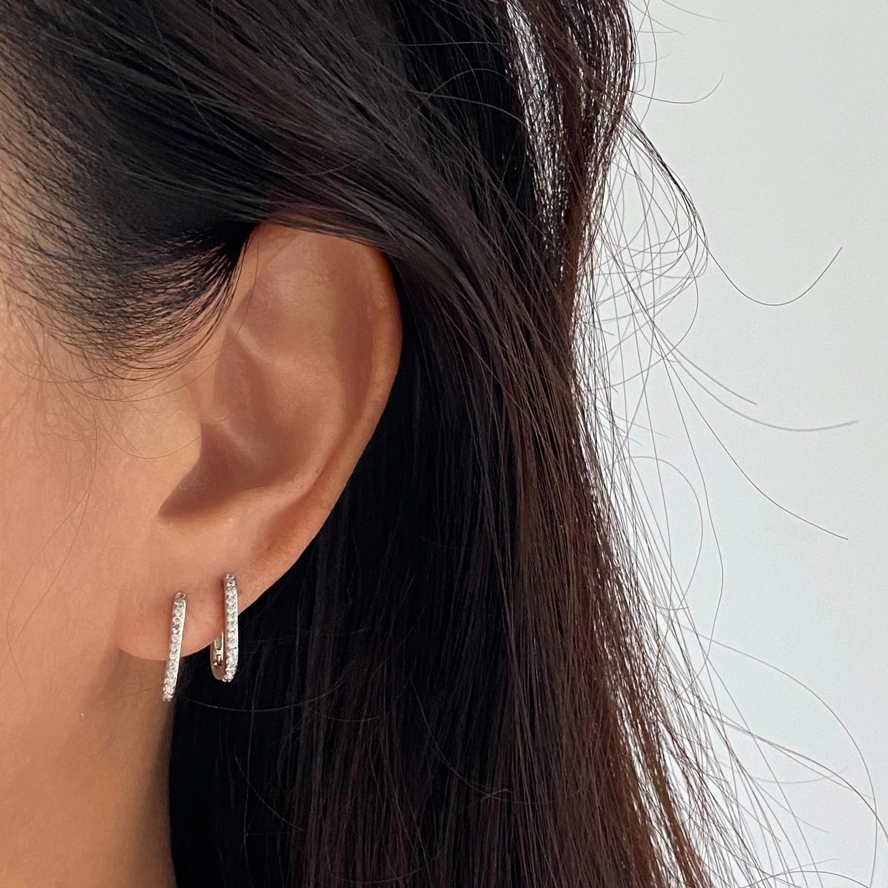 925 Sterling Silver Rectangle Silver Cubic Pave Hoops