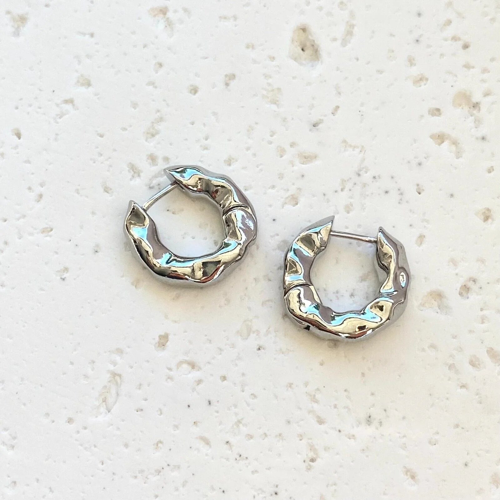 Hammered Thick Hoop Earrings Silver