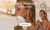 Bridal jewellery collection showcasing pearl earrings, pearl necklace and soft wedding florals.