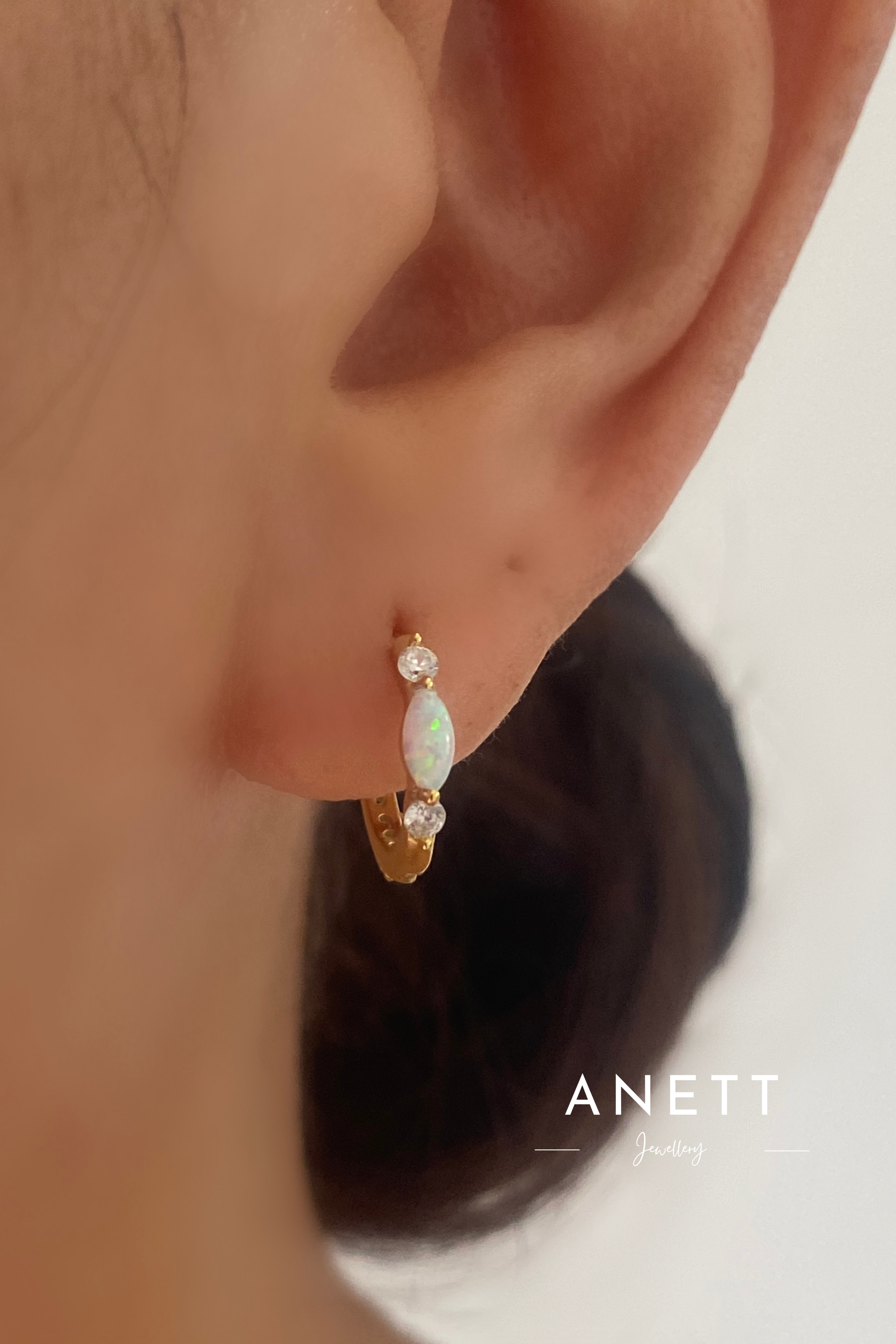 White Opal Gold Huggie Hoop Earrings
