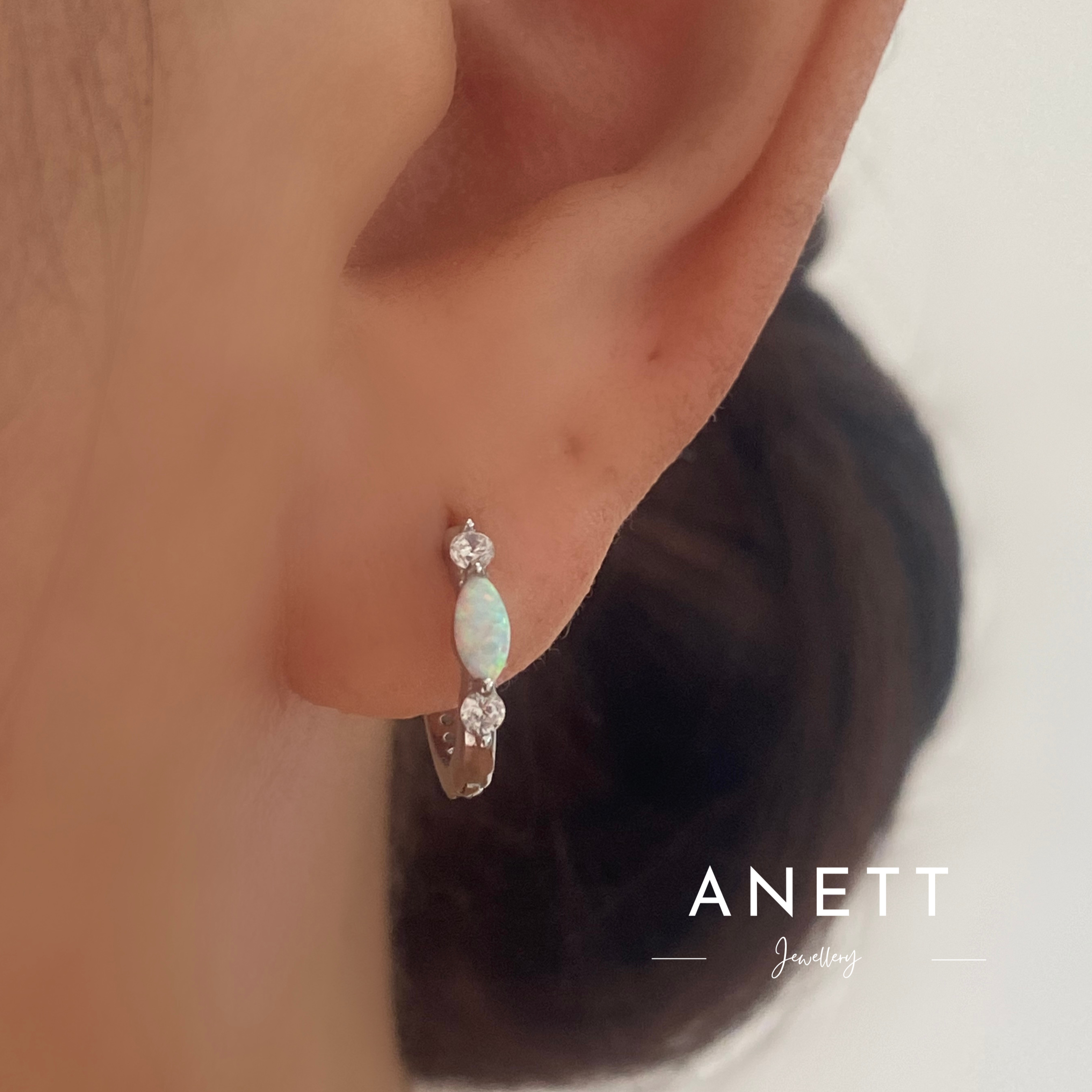 White Opal Silver Huggie Hoop Earrings