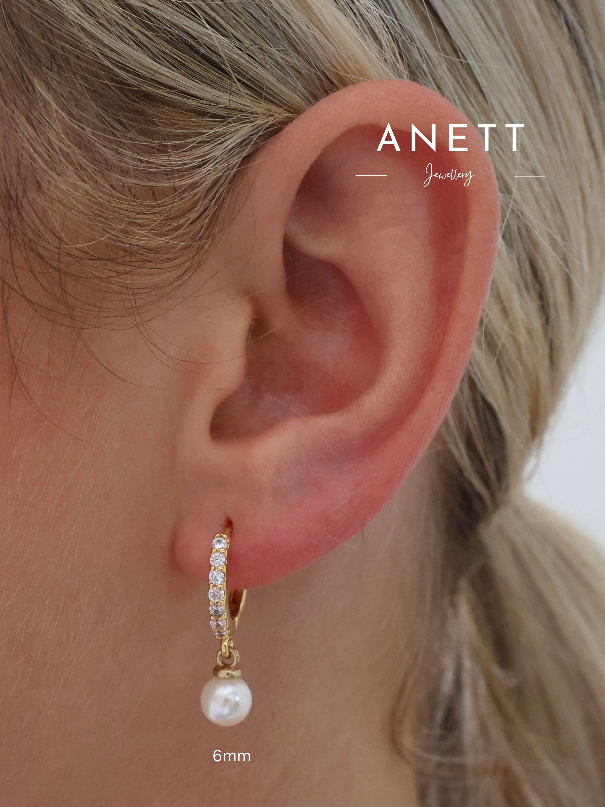 Dangling Pearl GOLD Pave Hoop Earrings 6mm,8mm,10mm