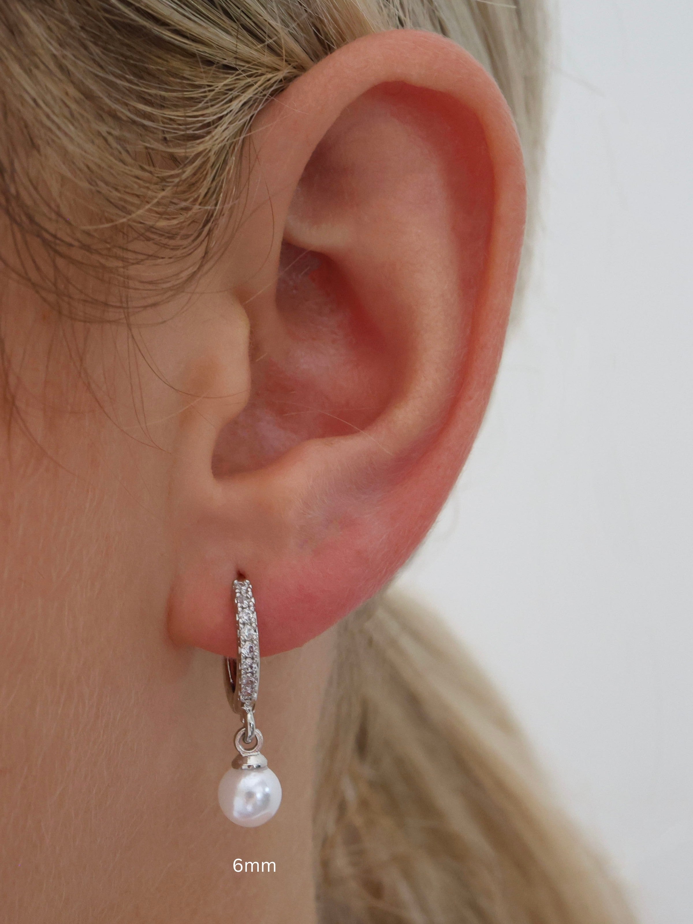 Dangling Pearl SILVER Pave Hoop Earrings 6mm,8mm,10mm