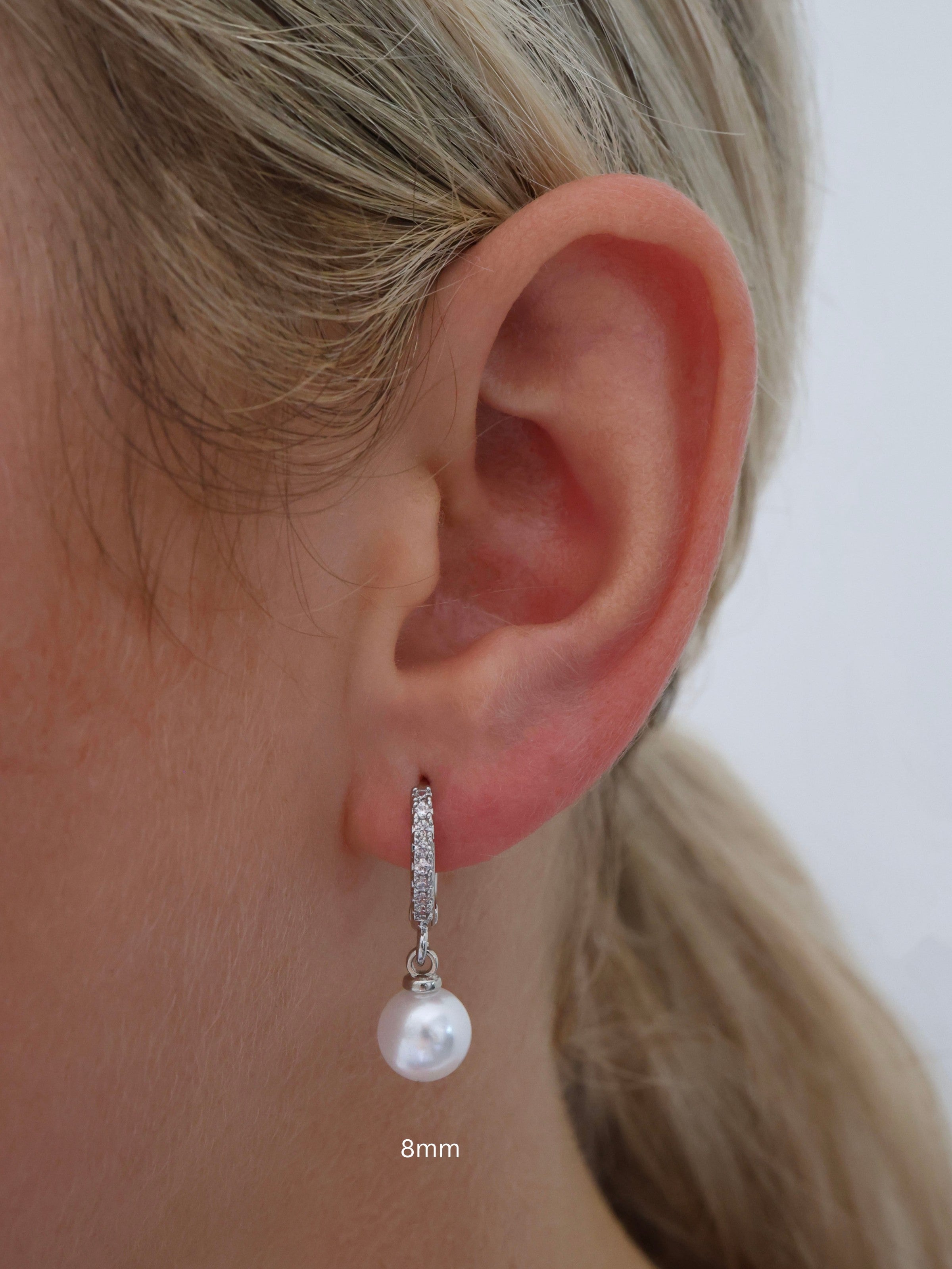 Dangling Pearl SILVER Pave Hoop Earrings 6mm,8mm,10mm