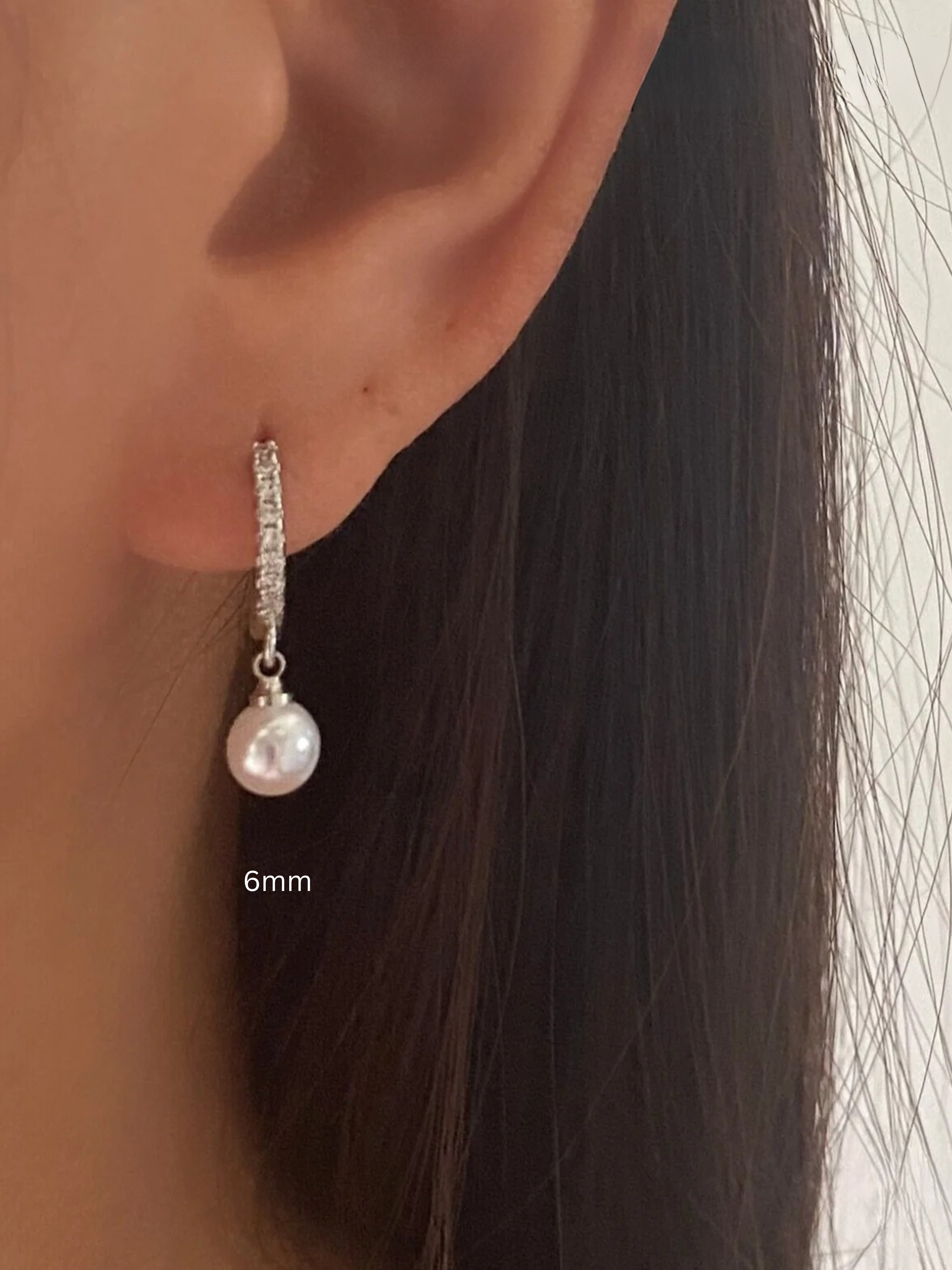 Dangling Pearl SILVER Pave Hoop Earrings 6mm,8mm,10mm