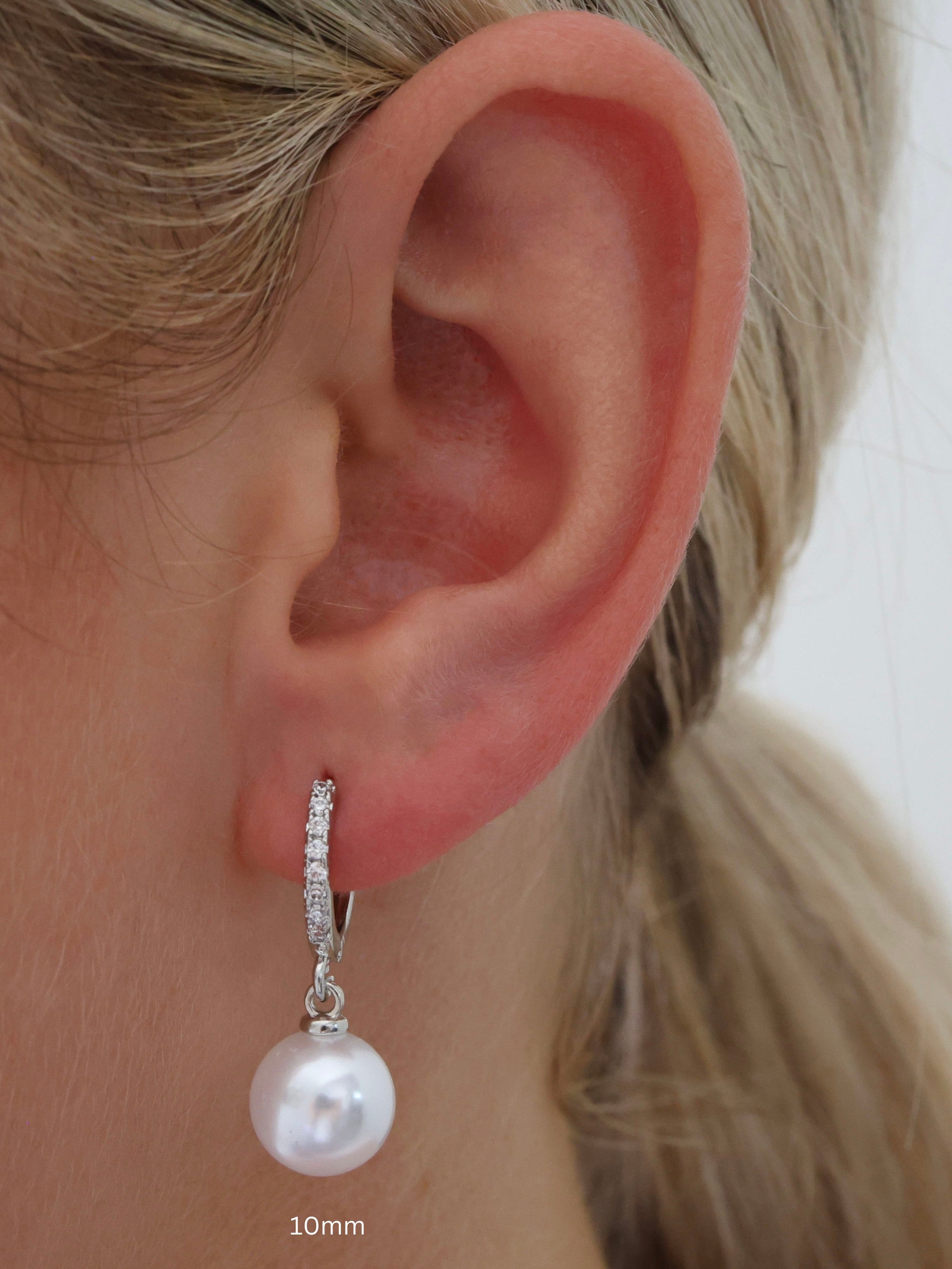 Dangling Pearl SILVER Pave Hoop Earrings 6mm,8mm,10mm