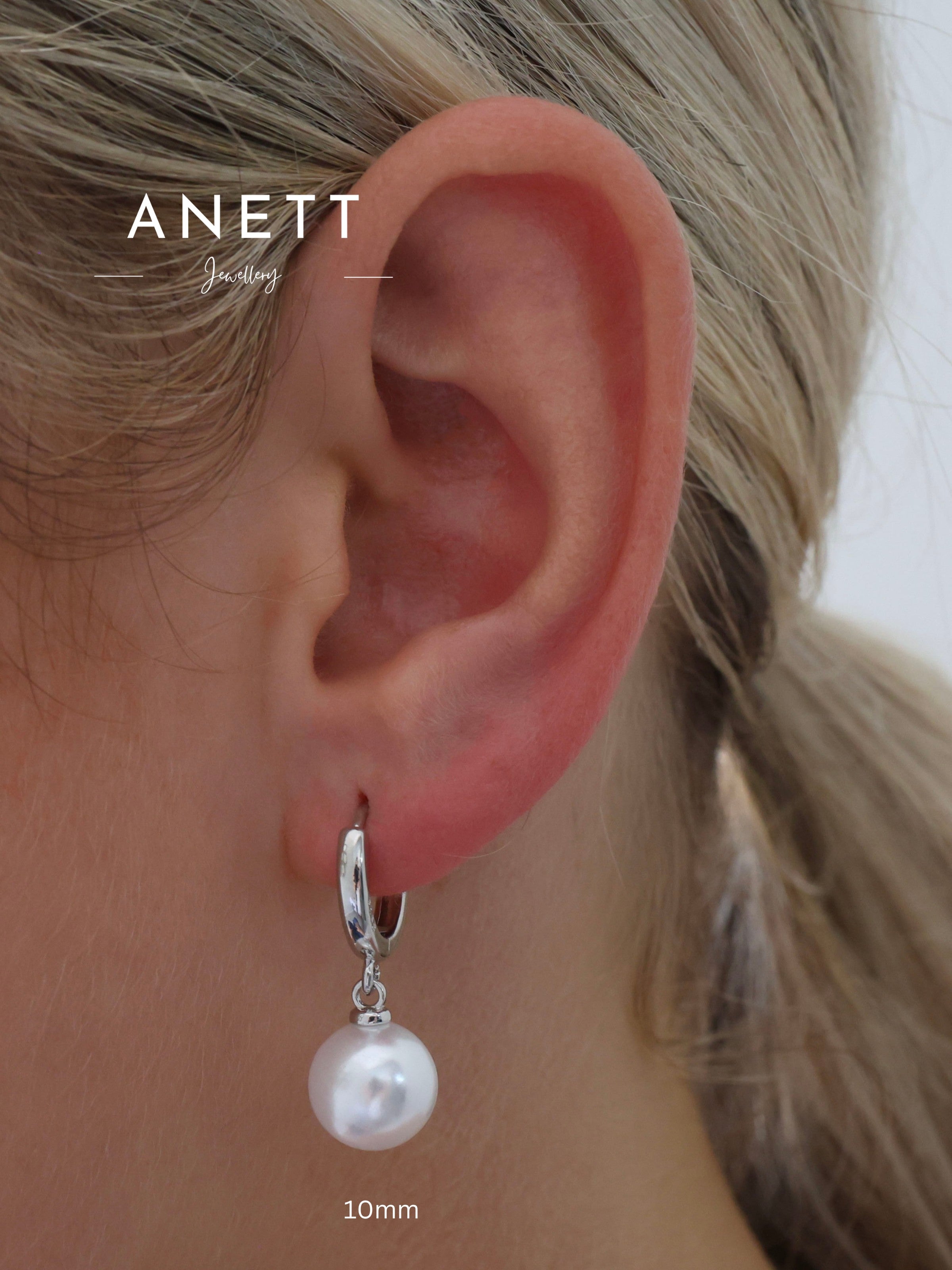 Pearl Dangle Earrings Plain SILVER Hoop 6mm 8mm 10mm