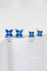 4 Clover Blue Stud Earrings SILVER 3mm + 4mm