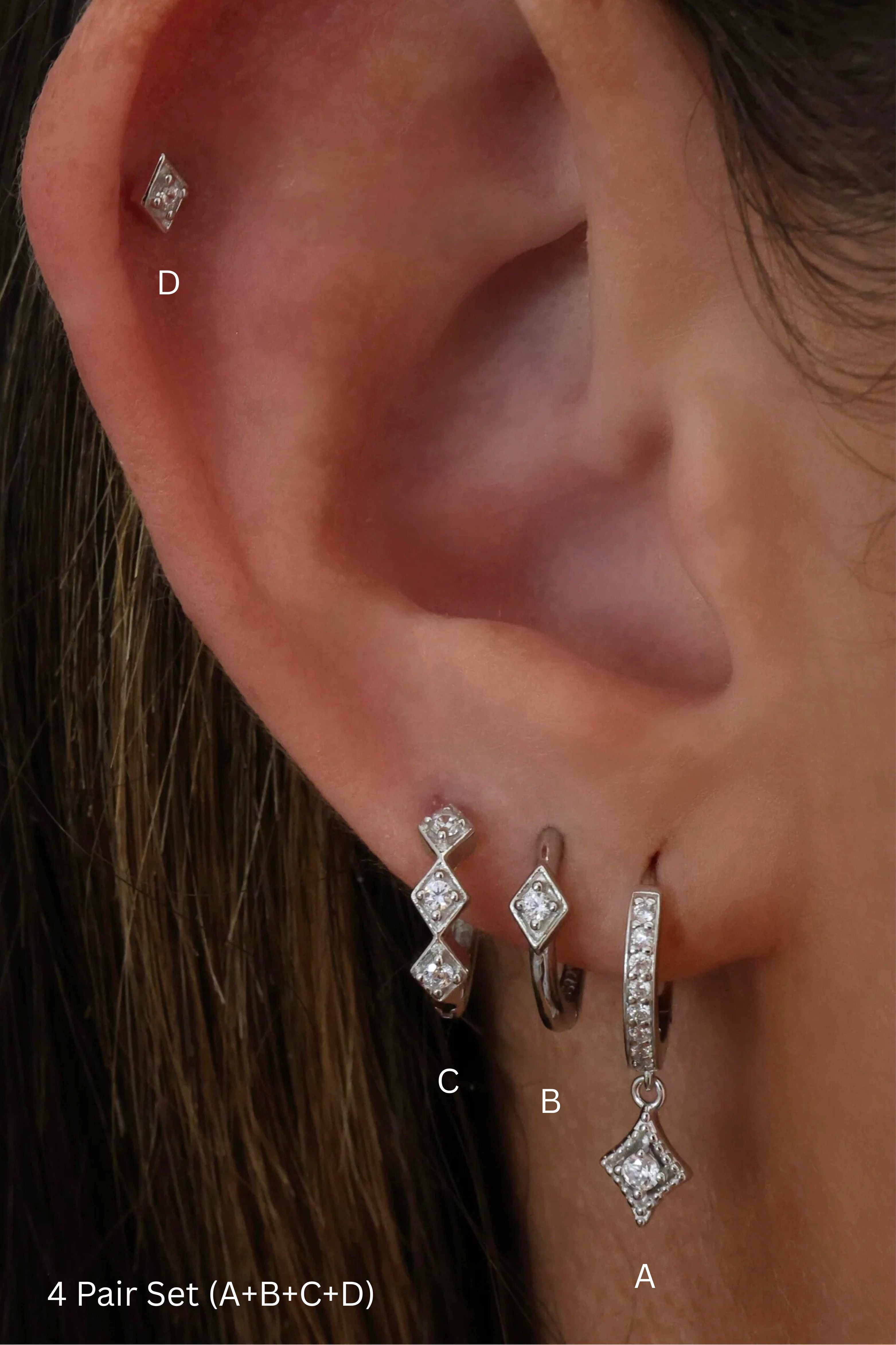 Stella Diamond Dangle Earrings Set – Sterling Silver 4 Pair ( A + B + C + D)