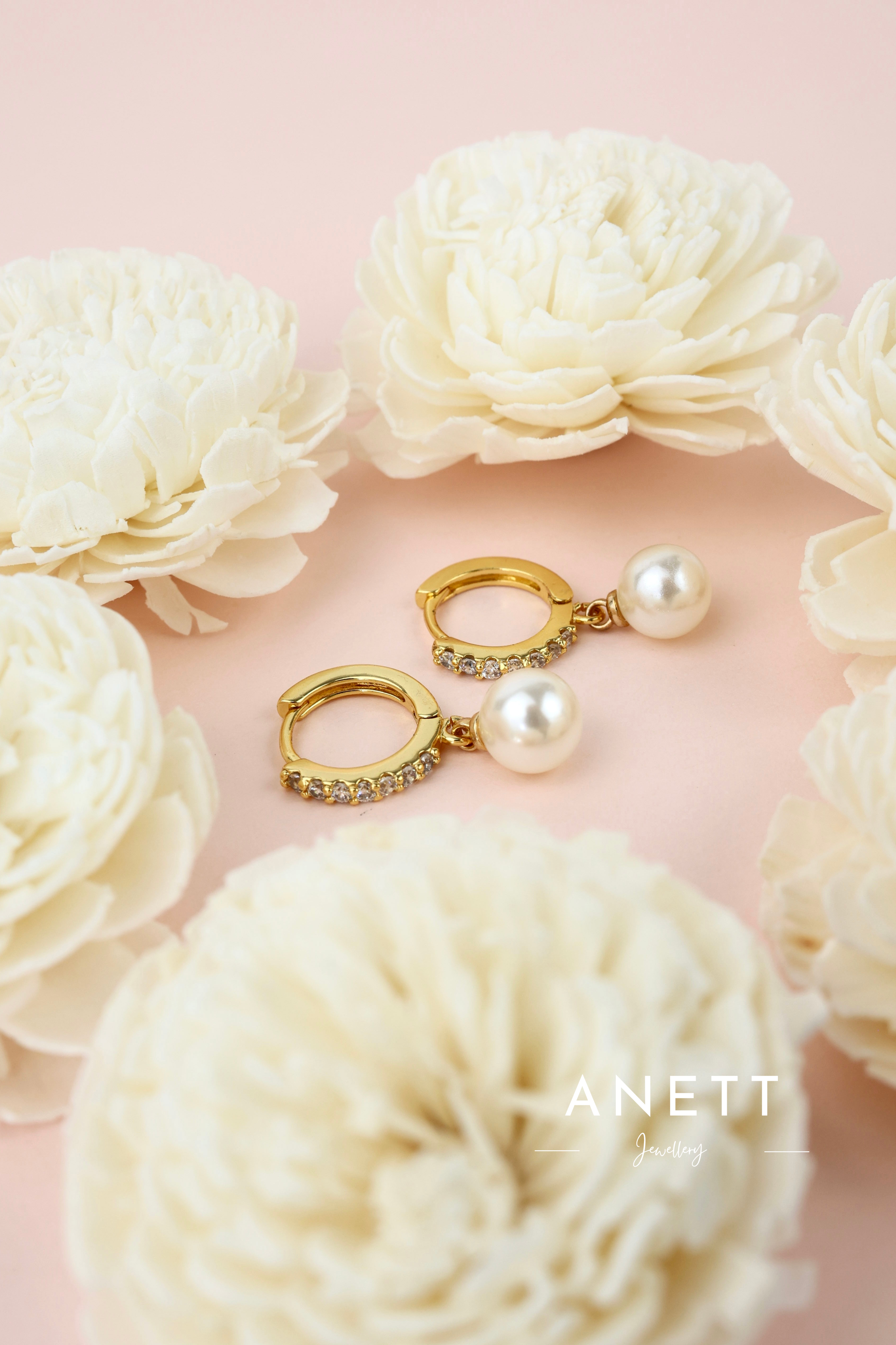 Dangling Pearl GOLD Pave Hoop Earrings 6mm,8mm,10mm