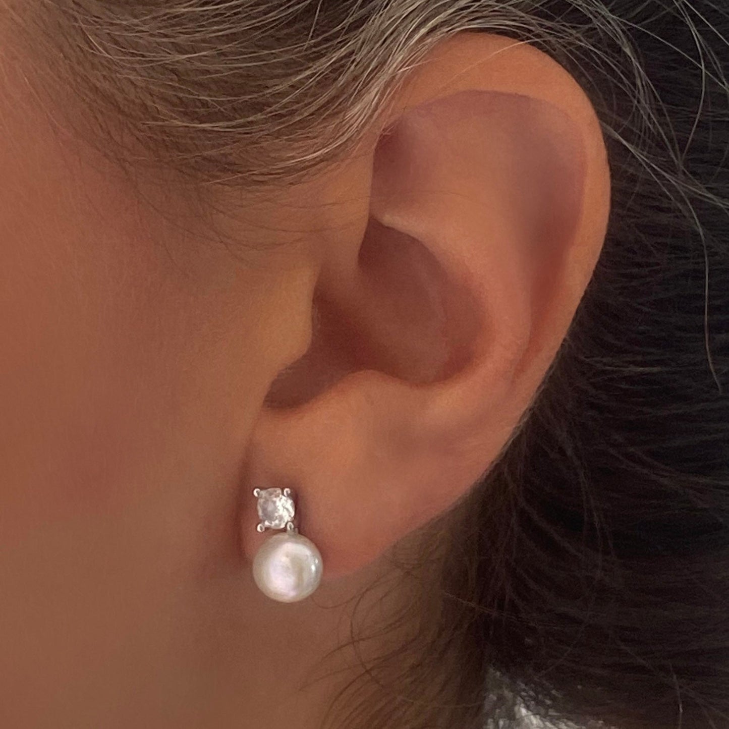 925 Sterling Silver Pearl CZ Stud Earrings