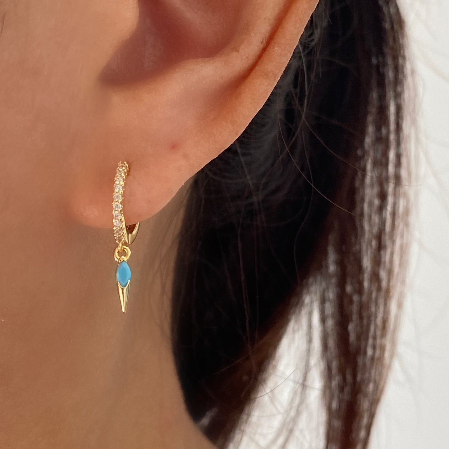 Turquoise Earrings, Dainty Turquoise drop Earrings, Cubic Gold Huggie Hoop, 925 Sterling Silver earrings, Skyblue Gold Cubic Earrings
