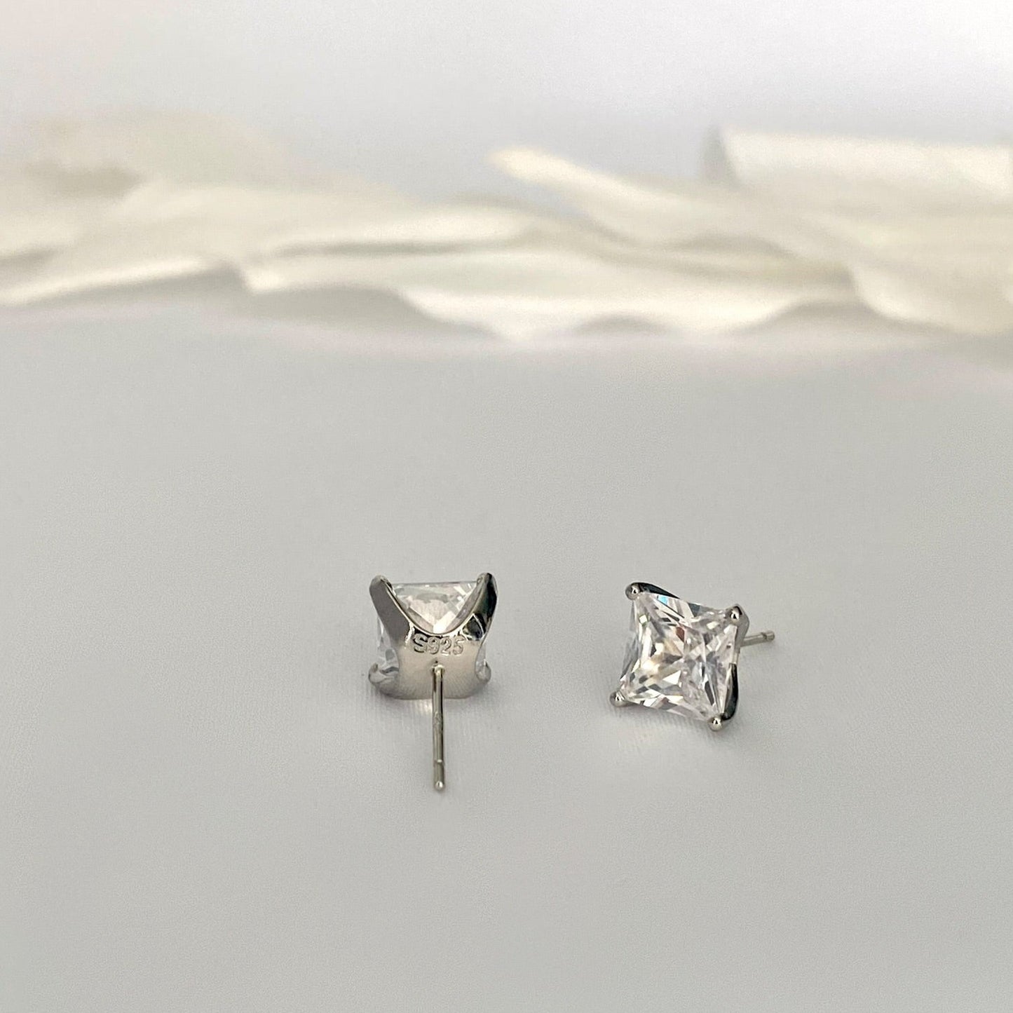 Princess Cut Diamond CZ Silver Stud Earring