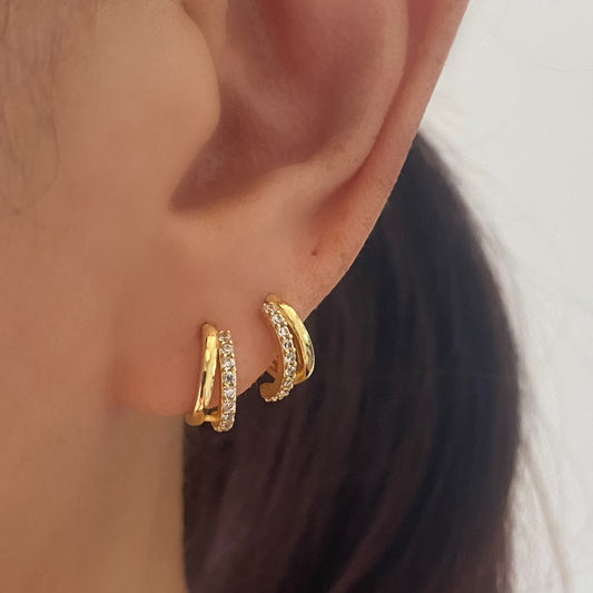 Gold Half Paved Double Huggie Hoop Earrings