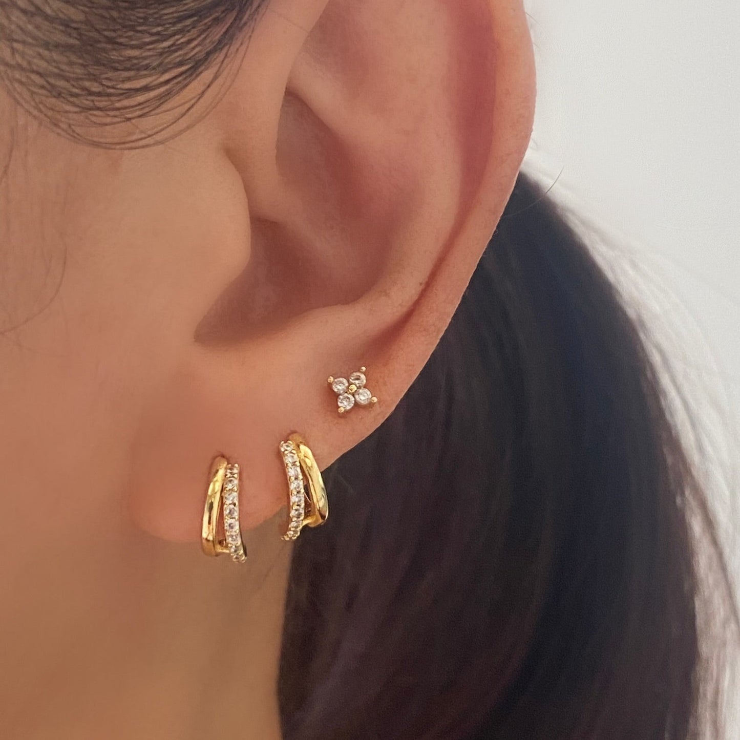 Gold Half Paved Double Huggie Hoop Earrings