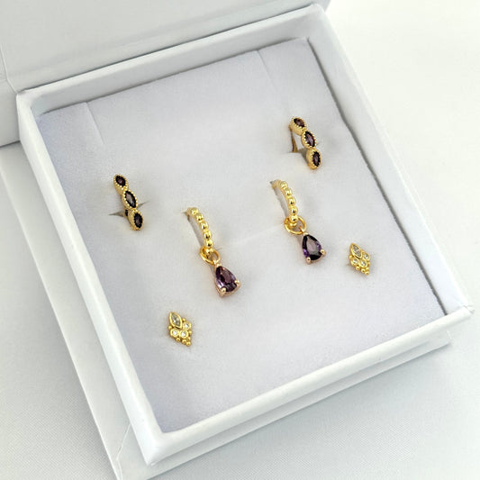 Purple CZ Dangle Earrings 3 Pair Gift Box Set