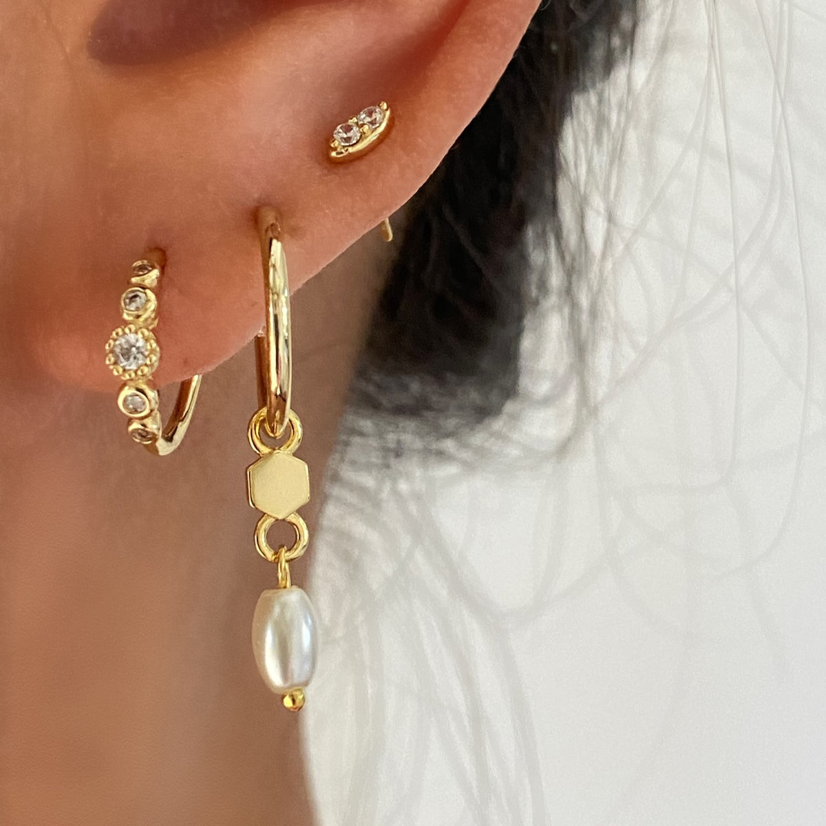 Rice Pearl Dangly ear stack set 925 Sterling Silver Gold 3 pieces set ...
