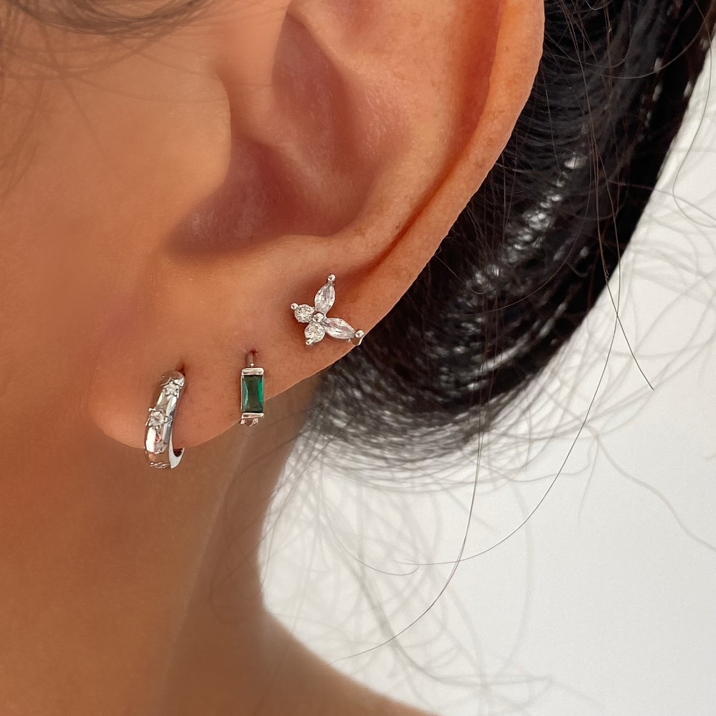 Tiny Emerald Baguette Stud Hoops SILVER