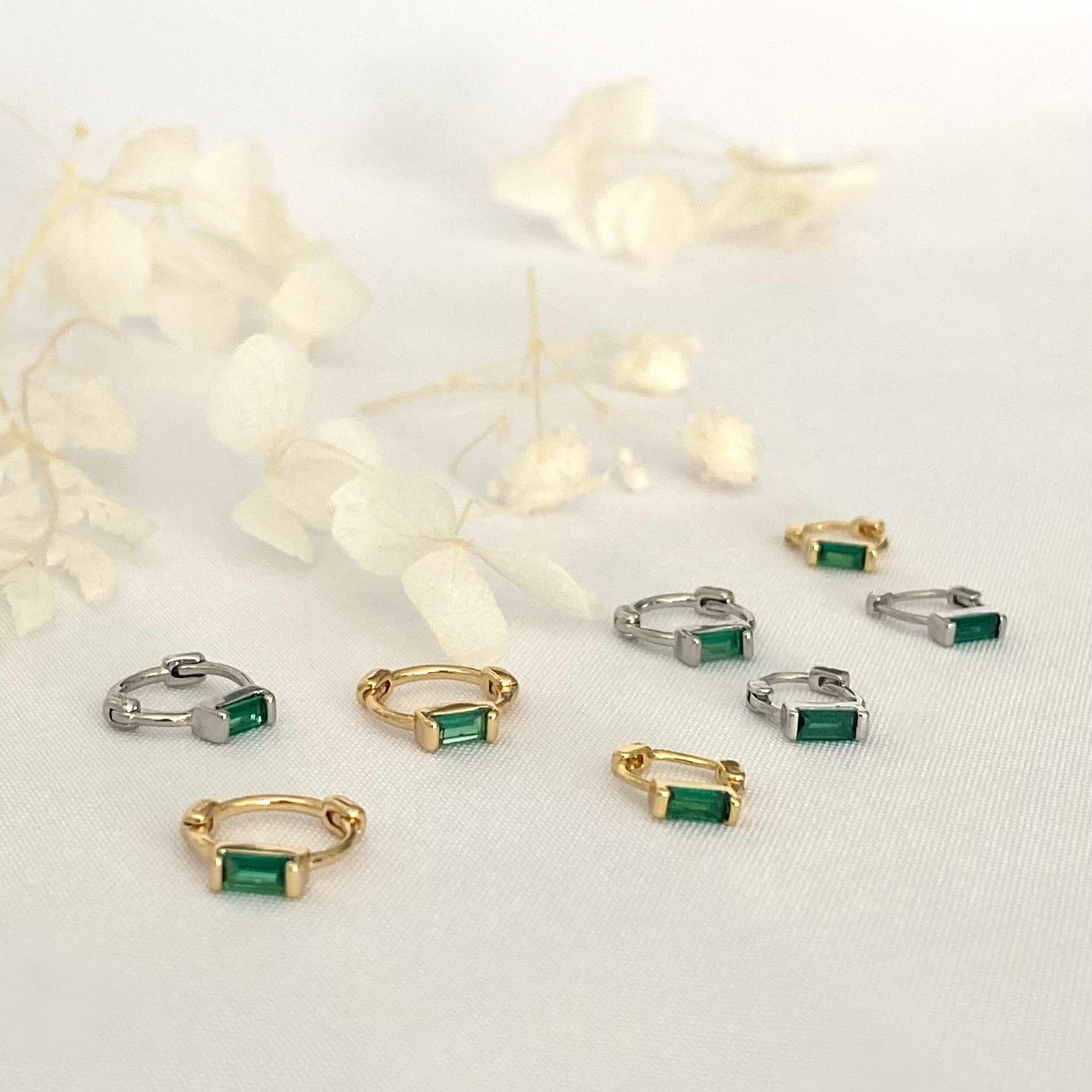 Tiny Emerald Green Baguette Huggie Hoops GOLD