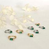 Tiny Emerald Green Baguette Huggie Hoops SILVER