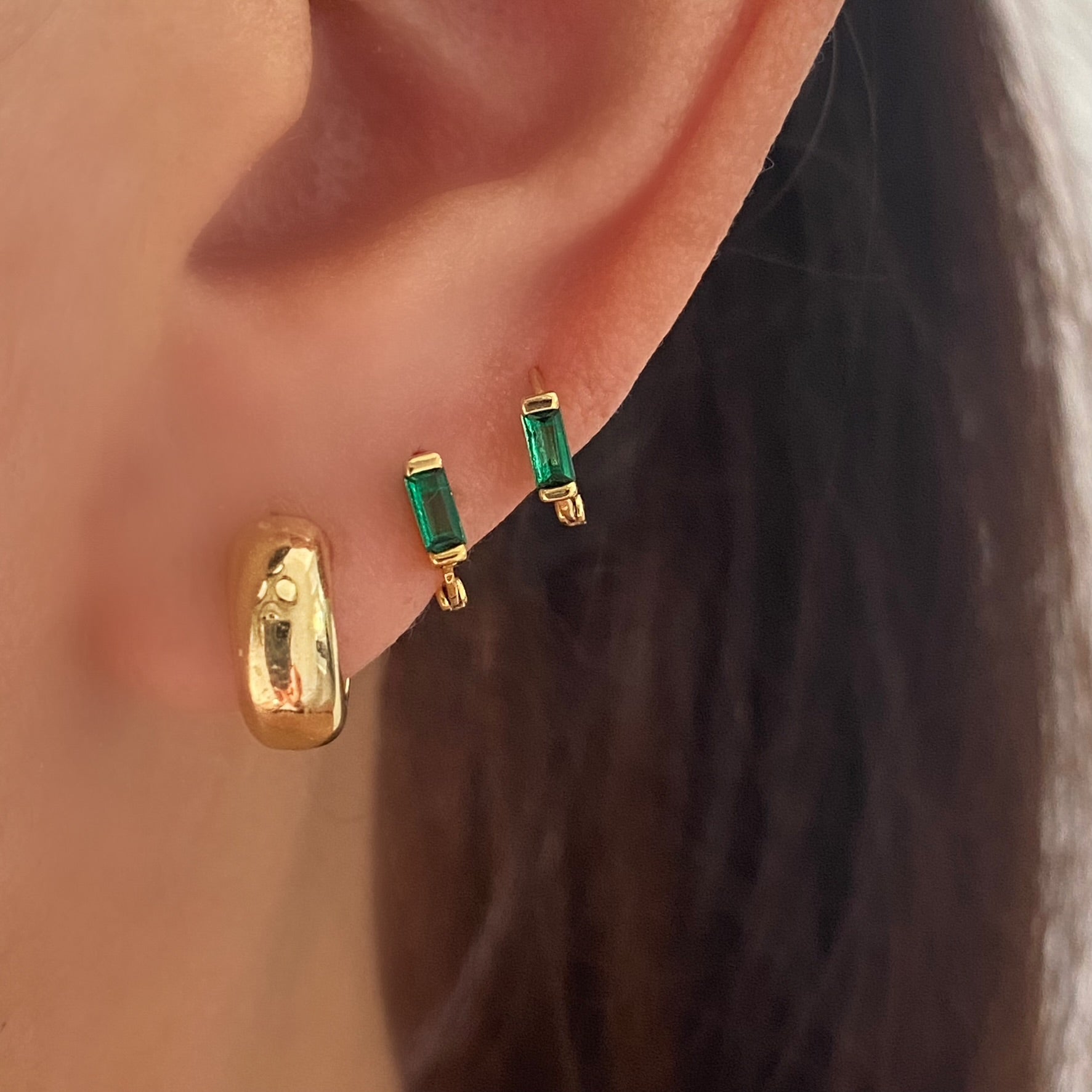 Tiny Emerald Green Baguette Huggie Hoops GOLD