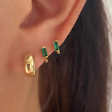 Tiny Emerald Green Baguette Huggie Hoops GOLD