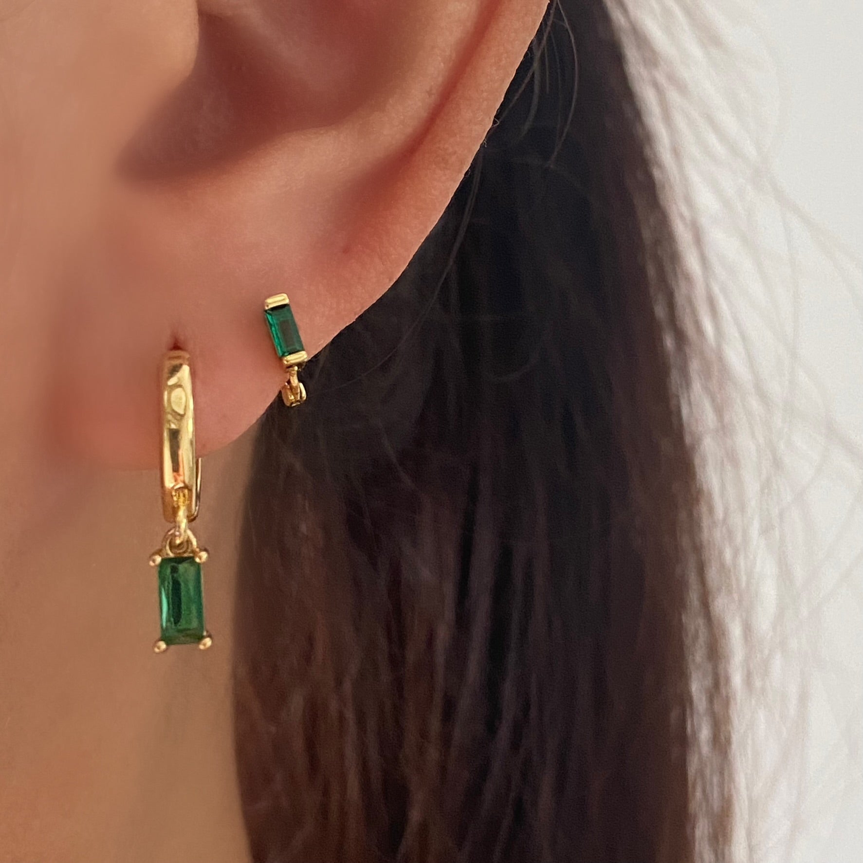 Tiny Emerald Green Baguette Huggie Hoops GOLD