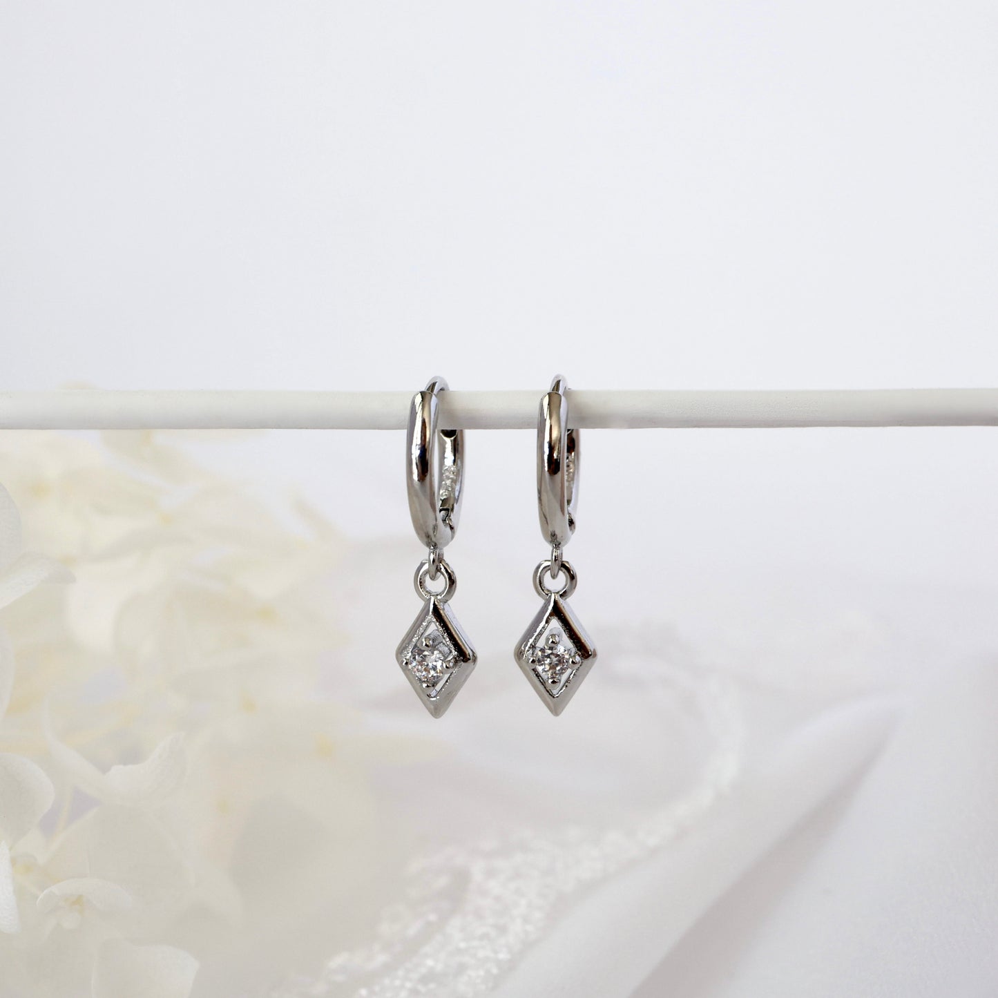 Diamond Rhombus Silver Dangle Earrings