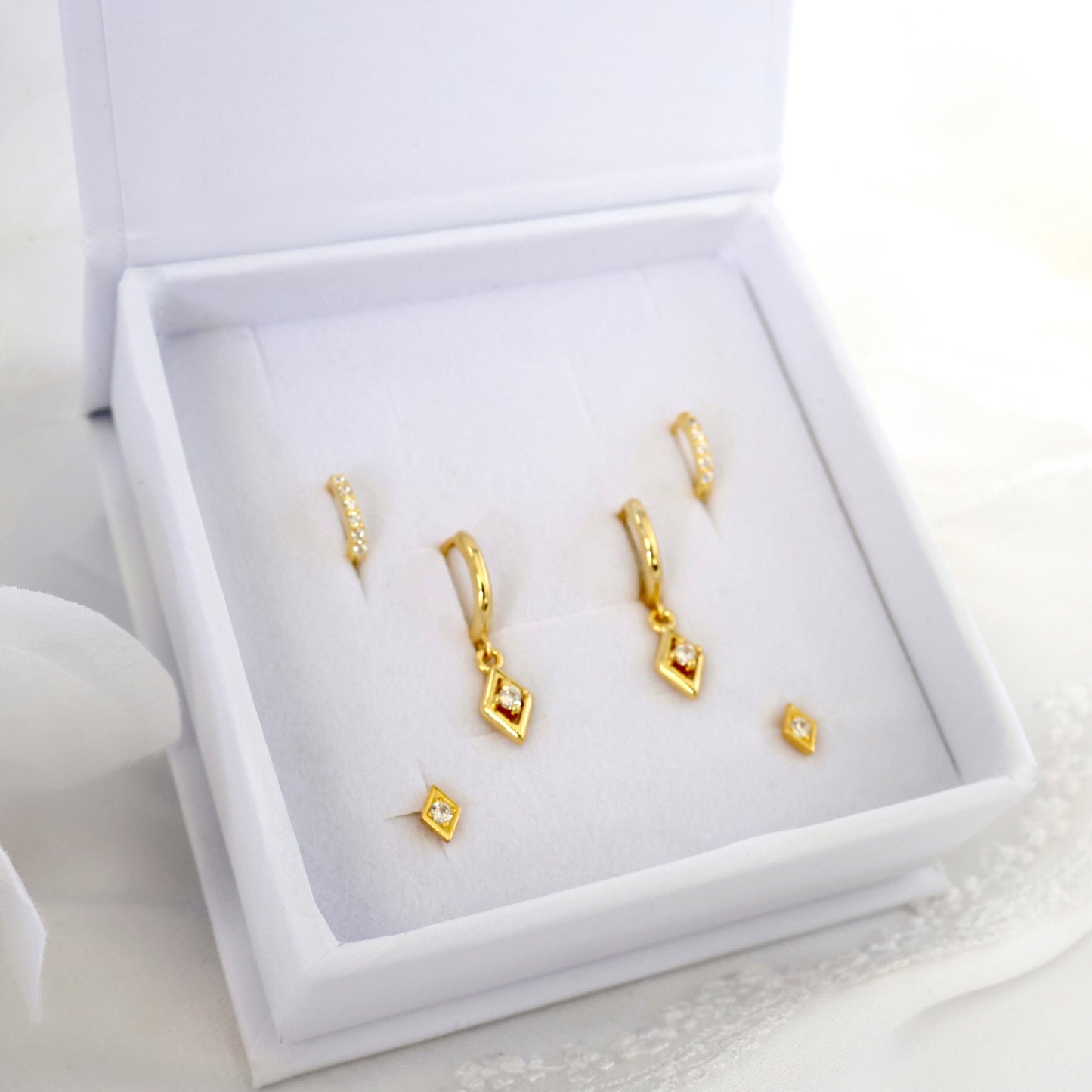 Rhombus Dangle Earrings Gold 3 Pair Gift Box Set