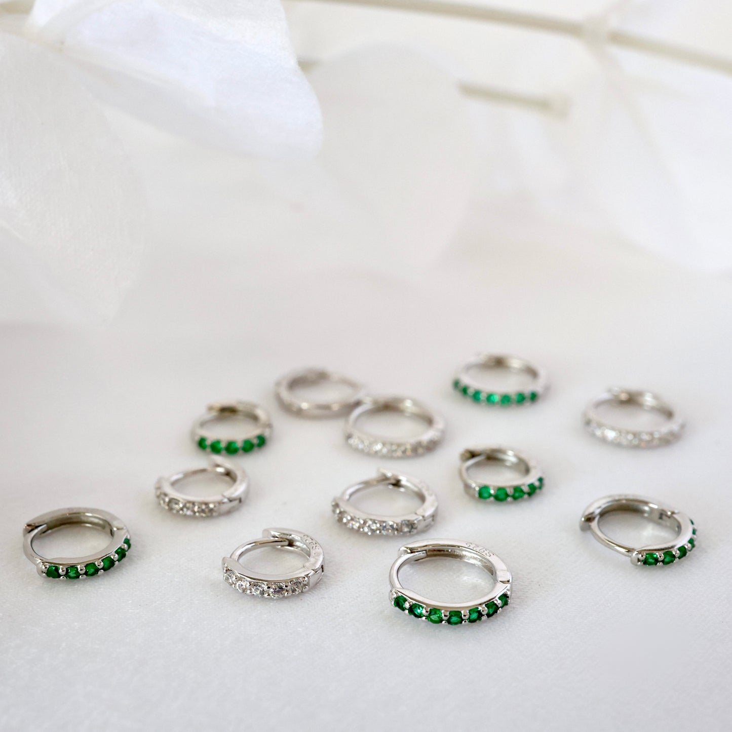 Dainty Silver Green huggie Hoop Earrings